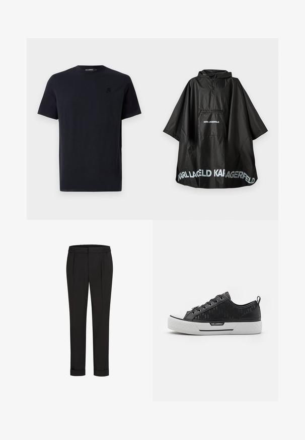 Černý voděodolný pončo s kapucí, přední kapsou a logem "KARL LAGERFELD" vytištěným na kapse a spodním lemu.; Černé tričko s krátkými rukávy vyrobené z hladké bavlny, s kulatým výstřihem a podrobným tónovaným logem na hrudi.; Černé kalhoty s elastickým pasem, s rovnými nohavicemi a ohrnutými lemy. Vyrobené z hladké tkaniny bez vzorů.; Černé nízké tenisky s vzorovaným plátnem na svršku, bílou gumovou špičkou, strukturovanou podrážkou a logem na boku. Kovové průvlaky na tkaničky.
