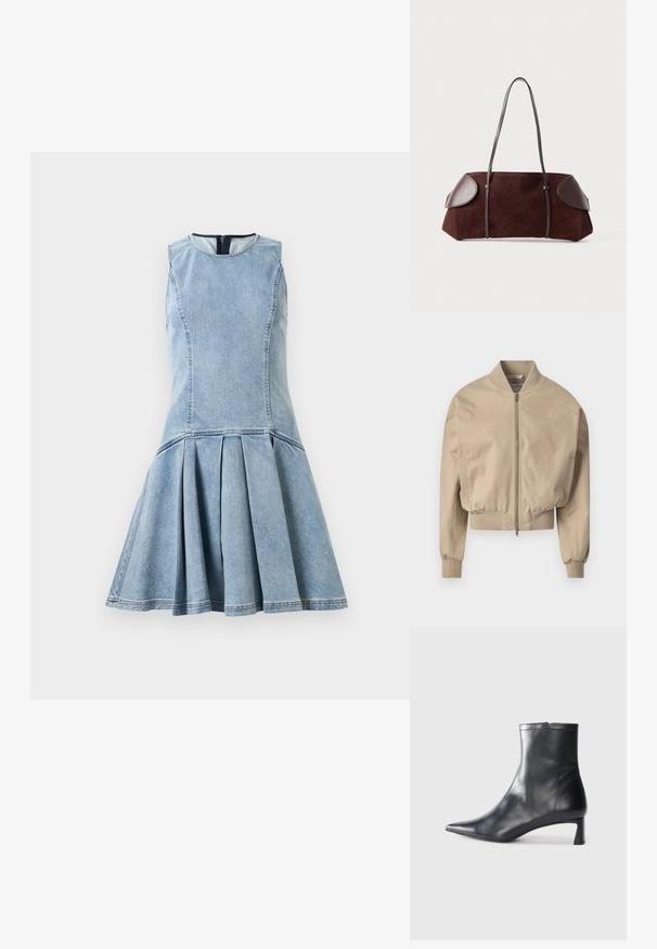 Beige krītpāļu bombers jakas ar gludu audumu, priekšējo rāvējslēdzēju, ribotu aproču un klasisku stāvpušu. Iekļautas sānu kabatas.; Tirkīzā zila bez piedurknēm šuvīga džinsa kleita ar pieguļošu krūšu daļu un izpletu plisētu svārku, apaļu kakla izgriezumu un redzamu aizmugures rāvējslēdzēju.; Melnas ādas potītes zābaki ar norādītu pirkstu un elegantu dizainu. Iezīmē zemu papēdi un rāvējslēdzēja aizdari aizmugurē. Gluda tekstūra.; Brūns zamšs somiņa ar ādas akcentiem, strukturēta forma, divi plecu siksnas un noapaļoti mali, ar gludu tekstūru un minimālu aparatūru.