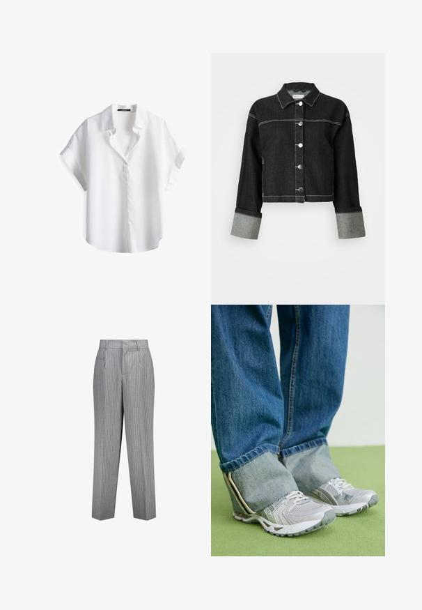 Giubbotto di jeans nero con colletto, chiusura anteriore con bottoni e finiture grigie ai polsini. Presenta cuciture bianche a contrasto e un design cropped.; Camicia bianca a maniche corte con una morbida trama di cotone, colletto a punta e vestibilità rilassata. Presenta una chiusura frontale con bottoni e un orlo curvo.; Pantaloni grigi a righe con vestibilità su misura, caratterizzati da un design a gamba dritta, tasche laterali e un tessuto texturizzato.; Scarpe da ginnastica grigie in materiale mesh con dettagli bianchi, abbinate a jeans di denim blu con orli risvoltati alla caviglia.