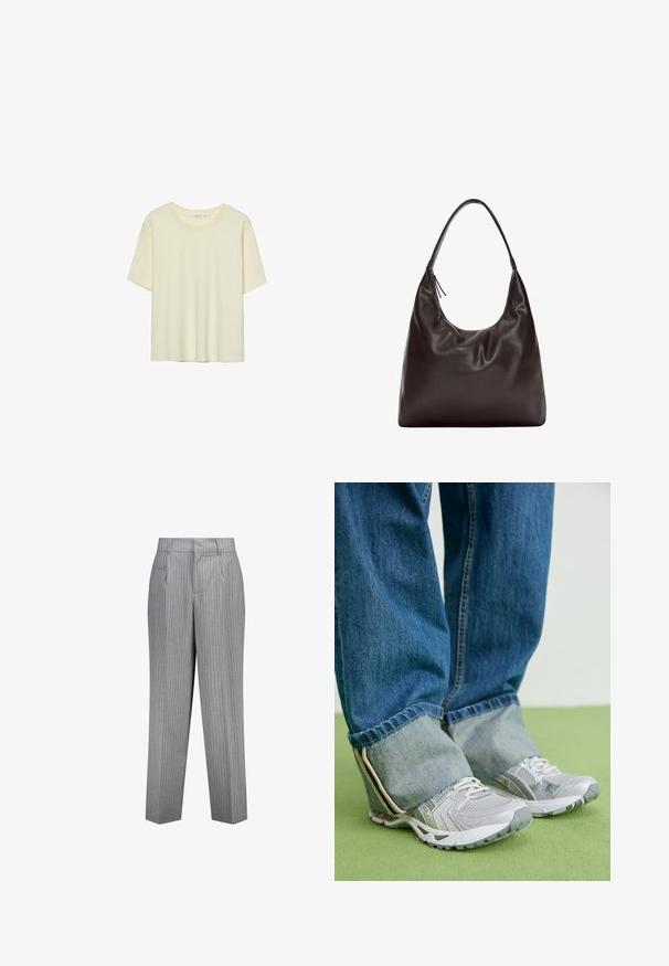 Schwarze Jeansjacke mit Kragen, vorderem Knopfverschluss und grauen Manschettenakzenten. Beinhaltet kontrastierende weiße Nähte und ein kurzes Design.; Helles beige T-Shirt mit kurzen Ärmeln, aus weichem Stoff gefertigt, mit rundem Halsausschnitt und lockerer Passform, ohne Muster oder Verzierungen.; Grau gestreifte Hose mit maßgeschneiderter Passform, gerade Beinweite, Seitentaschen und einem strukturierten Stoff.; Graue Turnschuhe aus Mesh-Material mit weißen Akzenten, kombiniert mit blauen Jeans, die an den Knöcheln umgeschlagen sind.; Braune Leder-Schultertasche mit einem weichen, lässigen Design. Die Tasche verfügt über einen breiten Riemen und eine minimalistische Form, die durch eine subtile Textur ergänzt wird.