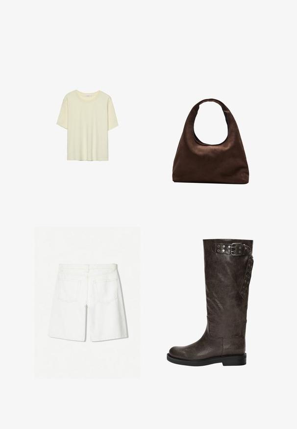 Czarna kurtka dżinsowa z kołnierzem, zapięciem na guziki z przodu i szarymi akcentami na mankietach. Posiada kontrastowe białe szwy i krótki fason.; Jasno beżowa koszulka z krótkim rękawem, wykonana z miękkiego materiału, z okrągłym dekoltem i luźnym krojem, bez wzorów ani ozdób.; Białe dżinsowe szorty o prostym kroju, z wysokim stanem, dwoma tylnymi kieszeniami i subtelnymi detalami przeszycia.; Brązowy skórzany botek do kolan o teksturowanym wykończeniu, z klamrą i zapięciem na napy po boku oraz płaską gumową podeszwą.; Miękka, brązowa torebka w stylu hobo z jedną szeroką rączką i wyprofilowanym otwarciem, wyeksponowana na białym tle.