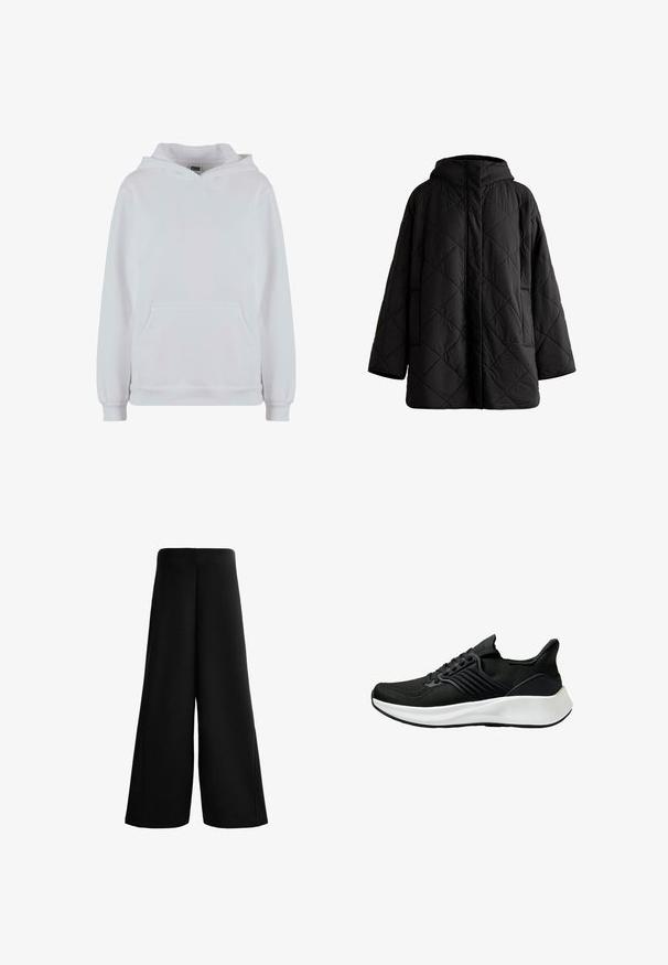 Czarna pikowana kurtka z kapturem, z diamentowym przeszyciem, długimi rękawami, przednimi kieszeniami i ukrytym zapięciem z przodu.; Biała bluza z kapturem, wykonana z mieszanki bawełny. Posiada długie rękawy, kieszeń kangurkę z przodu oraz ściągacze przy rękawach i u dołu.; Czarne spodnie o szerokich nogawkach wykonane z miękkiego materiału. Posiadają wysoki stan i gładką fakturę z czystymi liniami, oferując luźne, swobodne dopasowanie.; Czarne buty sportowe z teksturowaną cholewką, systemem sznurowania i białą podeszwą środkową. Charakteryzują się niskim profilem i zakrzywionym kształtem podeszwy.