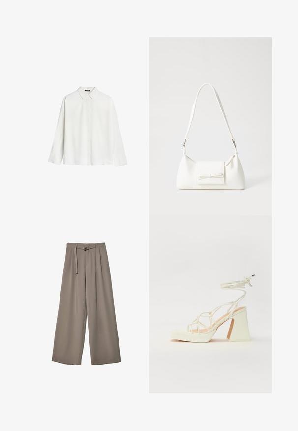 Olivgrünes Hemd aus einem weichen Stoff, mit durchgehender Knopfleiste, zwei Brusttaschen mit Klappen und langen Ärmeln.; Weißes Langarmhemd aus glattem Stoff, mit klassischem Kragen und durchgehender Knopfverschluss, gerader Saum und lässiger Schnitt.; Weite Hose aus einem weichen, gedämpften grauen Stoff, mit einem taillierten Bund und Falten für zusätzliche Design-Details. Glatte Textur, keine Muster.; Weiße High-Heel-Sandale mit einem klobigen Absatz, die über ein Riemchendesign und ein Knöchelband verfügt. Glatte Textur mit einer Plattform vorne für zusätzliche Höhe.; Weiße synthetische Handtasche in dreieckiger Form, flache Vorderklappe und Schleifendetail, verstellbarer Trageriemen, glatte Textur und minimalistisches Design.