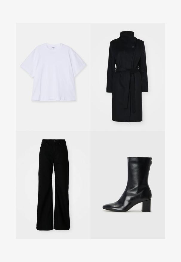 Black wool coat with a high collar, wrap design, single button closure, and a matching fabric belt. Smooth texture, knee-length cut.; White short-sleeve t-shirt made of cotton. Features a crew neck, relaxed fit, and smooth texture. Simple design with no patterns or accents.; Black wide-leg trousers made of denim fabric. Features a fitted waist, front pockets, and a button closure. Smooth texture with minimal detailing.; Black leather ankle boot with a pointed toe and 4 cm block heel. Sleek design features a side zipper for easy wear. Smooth texture.
