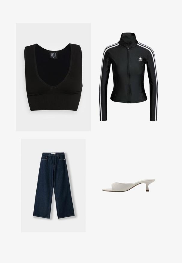 Giacca nera con zip realizzata in tessuto liscio, con accenti bianchi a tre strisce sulle maniche e un piccolo logo Adidas bianco sul petto.; Top a coste nero corto con spalline larghe e scollatura a V profonda. L'etichetta riporta "BDG", taglia piccola, con una texture liscia e design aderente.; Jeans larghi blu scuro in denim. Presentano cinque tasche, una chiusura con bottone e cerniera, e dettagli di cuciture a contrasto.; Mule bianche aperte davanti con un design curvo, tacco basso, texture liscia e un motivo di cuciture sottile. Accento marrone alla base del tacco.