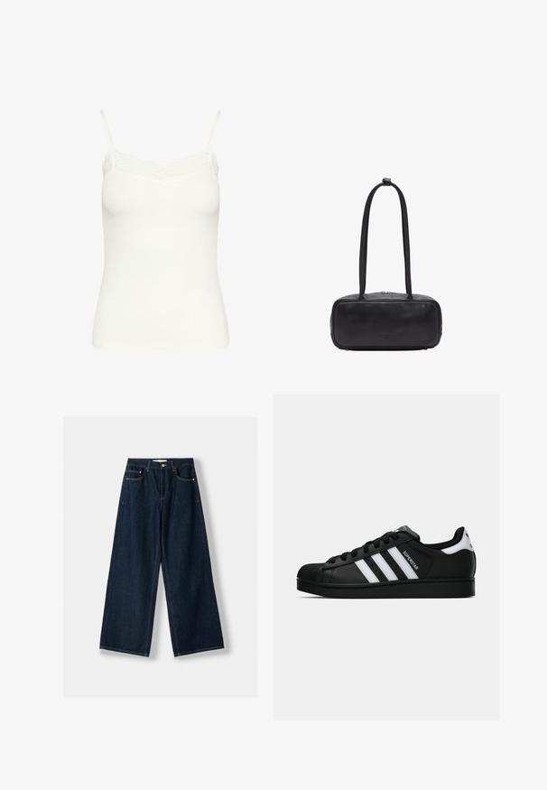 Schwarze Zip-Jacke aus glattem Stoff mit weißen Drei-Streifen-Akzenten an den Ärmeln und einem kleinen weißen Adidas-Logo auf der Brust.; Weißes, geripptes Trägershirt mit verstellbaren Spaghettiträgern und zarter Spitzenverzierung am Ausschnitt. weiches, dehnbare Material. Figurbetontes Design.; Dunkelblaue, weit geschnittene Jeans aus Denim. Verfügt über fünf Taschen, einen Knopf- und Reißverschluss sowie Kontrastnähte.; Schwarzer Adidas Superstar Sneaker mit weißen Streifen, Schalenzehen und "Superstar"-Schriftzug an der Seite, im Seitenprofil auf weißem Hintergrund dargestellt.; Schwarze Lederhandtasche in rechteckiger Form, mit zwei langen Griffen, einem Reißverschluss und dezentem Branding auf der Vorderseite.