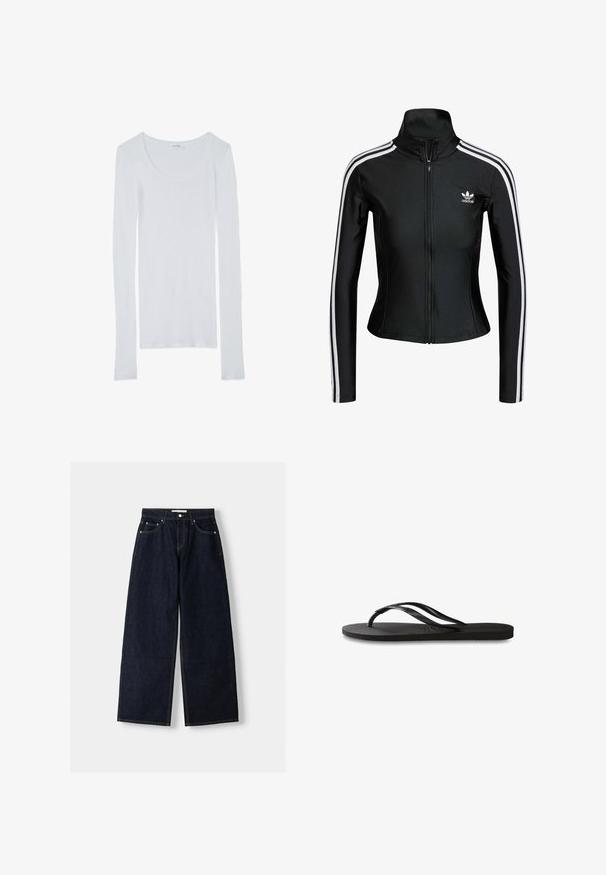 Black zip-up jacket made of smooth fabric featuring white three-stripe accents on sleeves and a small white Adidas logo on the chest.; White long-sleeve shirt with a scoop neckline, made of soft, smooth fabric. Features long sleeves and a fitted design.; Dark blue denim wide-leg jeans with a high waist, five pockets, contrast stitching, and silver metal hardware. Smooth texture and clean finish.; Black flip-flop featuring a textured rubber sole, two slender straps, and a subtle, embossed logo detail on the strap.
