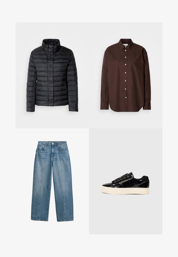 Zwarte pufferjack met een hoge kraag, knoopsluitingen en een horizontaal doorgestikt patroon. Het materiaal lijkt lichtgewicht en waterafstotend.; Bruine button-down shirt van katoen, met lange mouwen, een borstzak, witte knopen en een klassiek kraagontwerp.; Lichtblauwe denim jeans met een wijde pijp en hoge taille. Kenmerkt zich door het klassieke vijf-pocket ontwerp en gestikte voorpanelen voor extra detail.; Zwarte patent leren sneakers met een platte crèmekleurige zool. Voorzien van zwarte veters, gouden oogjes en logodetail aan de zijkant. Rondneus ontwerp.