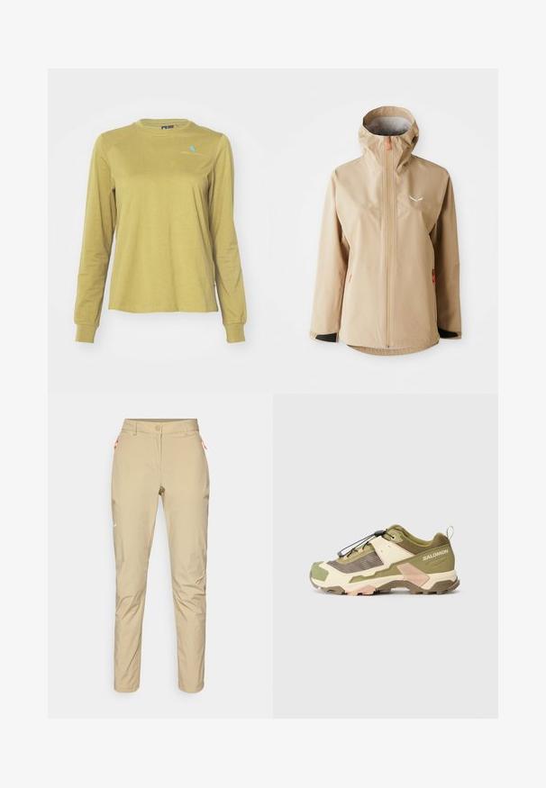 Bežová nepremokavá bunda s kapucňou, predným zipsom, dvoma zipsovými bočnými vreckami a malým bielym logom na ľavej hrudi.; Klättermusen ROOT LOGO TEE - Top s dlhým rukávom - meadow green; Bežové vonkajšie nohavice s hladkou textúrou, ktoré majú oranžovú zipsovú kapsu, úzky strih a malé biele logo vpredu.; Turistická obuv Salomon v olivovo zelenej a krémovej farbe, s textúrovaným textilným zvrškom, zosilnenou špičkou, rýchlošnurovacím systémom a robustnou gumovou podrážkou.
