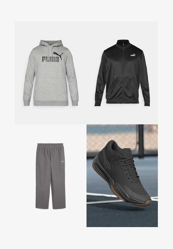 Zwarte jas met rits, gemaakt van een gladde, glanzende stof. Heeft een hoge kraag, twee voorzakken en een wit Puma-logo op de linkerborst.; Grijze hoodie gemaakt van zacht materiaal, met een groot "PUMA"-logo en een zwarte poema-silhouet op de borst, met een zak aan de voorkant.; Grijze sportbroek met een elastische tailleband, gemaakt van lichtgewicht stof. Kenmerkt zich door een klein wit logo op het linkerpant.; Zwarte sportieve schoen met een glad synthetisch bovenwerk, gestructureerde accenten en een gumrubberen zool, ontworpen voor prestaties en comfort.
