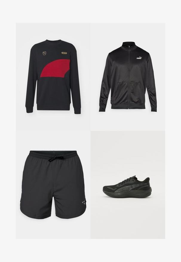 Giacca nera con zip realizzata in tessuto liscio e lucido. Presenta un colletto alto, due tasche frontali e un logo Puma bianco sul lato sinistro del petto.; Puma KING CREW - Felpa - black/intense red; Costumi da bagno neri con vita elasticizzata e cordino. Tessuto leggero con tasche laterali. Presenta un piccolo logo sull'orlo.; Scarpa sportiva nera con tomaia in mesh testurizzato, lacci piatti e suola ammortizzata con sottili dettagli riflettenti.