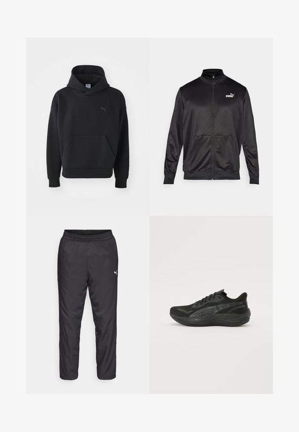 Čierna zipsová bunda vyrobená z hladkej, lesklej textílie. Má vysoký golier, dve predné vrecká a biele logo Puma na ľavej hrudi.; Čierna mikina s kapucňou vyrobená z mäkkej tkaniny, s predným vreckom a jemným logom Puma v sivej farbe na hrudníku. Uvoľnený dizajn s rebrovanými manžetami.; Čierne športové nohavice vyrobené z hladkého, ľahkého materiálu. Obsahujú elastický pás a malé biele logo na ľavej strane.; Čierna športová topánka s textúrovaným horným dielom z mäkkej sieťoviny, plochými šnúrkami a odpruženou podrážkou s jemnými reflexnými akcentmi.
