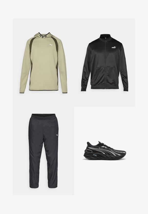Chaqueta negra con cremallera hecha de un tejido liso y brillante. Presenta un cuello alto, dos bolsillos frontales y un logo blanco de Puma en el lado izquierdo del pecho.; Sudadera verde claro con bolsillo canguro, detalles negros a lo largo de los lados y el dobladillo, y un logo blanco en el pecho. Material suave y texturizado.; Pantalones deportivos negros hechos de un material liso y ligero. Presenta una cintura elástica y un pequeño logo blanco en el lado izquierdo.; Zapatilla de running negra fabricada con material GORE-TEX, con una parte superior texturizada, suela curva y acentos plateados reflectantes.
