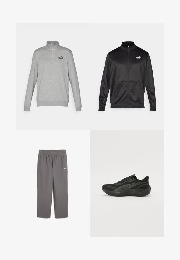 Mustat vetoketjulliset takit, jotka on valmistettu sileästä, kiiltävästä kankaasta. Ominaisuuksiin kuuluvat korkea kaulus, kaksi etutaskua ja valkoinen Puma-logo vasemmassa rinnassa.; Harmaa huppari, jossa on puoli-vetoketjukaulus, pitkät hihat ja resorit hihoissa. Vasemmassa rinnassa pieni musta Puma-logo. Pehmeä materiaali.; Harmaat urheiluhaalarit, joissa on joustava vyötärö, valmistettu kevyestä kankaasta. Vasemmassa jalassa on pieni valkoinen logo.; Musta urheilujalkine, jossa on teksturoitu verkkopintainen yläosa, tasaiset nauhat ja pehmustettu pohja, jossa on hienovaraisia heijastavia yksityiskohtia.