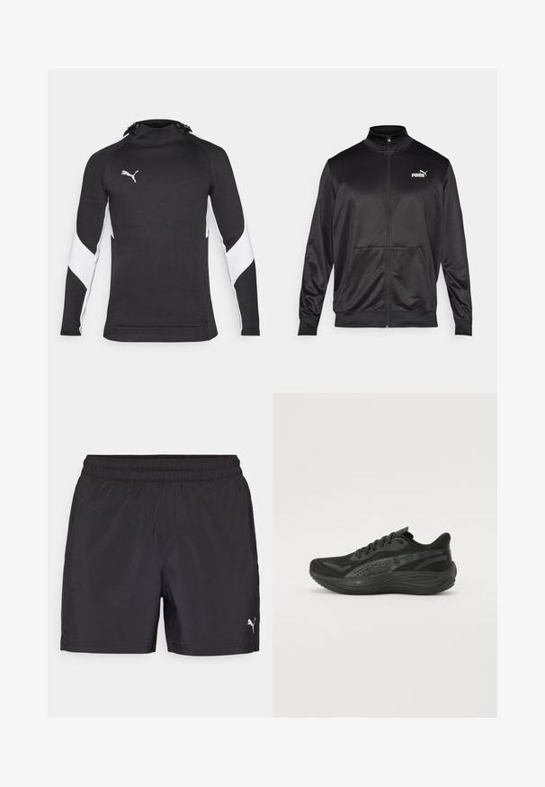 Schwarze Zip-Jacke aus glattem, glänzendem Stoff. Merkmale sind ein hoher Kragen, zwei Fronttaschen und ein weißes Puma-Logo auf der linken Brust.; Schwarzer sportlicher Hoodie mit hohem Kragen, weißen Akzenten an den Ärmeln und einem kleinen silbernen Logo. Weicher Stoff, figurschnittige Passform.; Schwarze Sportshorts mit elastischem Bund, aus leichtem Material gefertigt, mit einem kleinen weißen Logo an der unteren Seite.; Schwarzer Sportschuh mit Obermaterial aus strukturiertem Mesh, flachen Schnürsenkeln und einer gepolsterten Sohle mit dezenten reflektierenden Akzenten.