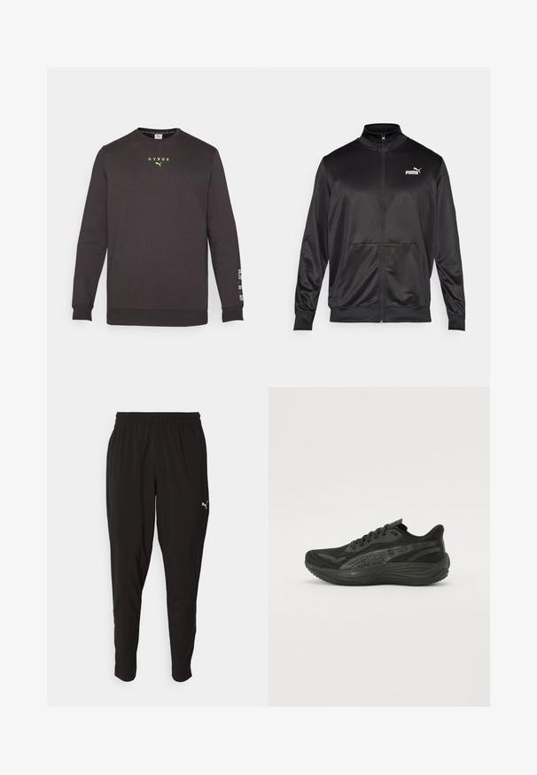 Fekete, sima, fényes anyagból készült, cipzáros dzseki. Magas gallérral, két elülső zsebbel és fehér Puma logóval rendelkezik a bal mellrészen.; Fekete, hosszú ujjú pulóver, kerek nyakkivágással, fényvisszaverő sárga "HYROX" logóval a mellen, és fehér felirattal a bal ujján. Puha, bolyhos anyagból készült.; Fekete sportnadrág, könnyű anyagból, rugalmas derékkal. Szűkülő lábakkal rendelkezik, és egy kis fehér logó található a bal combján.; Fekete sportcipő, texturált hálós felsőrésszel, lapos fűzőkkel és párnázott talppal, finom fényvisszaverő részletekkel.