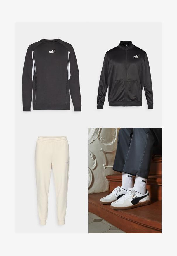 Chaqueta negra con cremallera hecha de un tejido liso y brillante. Presenta un cuello alto, dos bolsillos frontales y un logo blanco de Puma en el lado izquierdo del pecho.; Sudadera negra de manga larga, con acentos laterales blancos y un escote redondo. Presenta un pequeño logo blanco de Puma en el pecho.; Pantalones de chándal de color beige claro con cordón, que cuentan con una cinturilla elástica, tobillos ajustados, bolsillos laterales y un pequeño logo en el muslo izquierdo.; Zapatillas Puma en gamuza blanca y negra, con una suela de goma marrón. Combinadas con calcetines blancos que muestran un logo negro, llevados con pantalones oscuros.