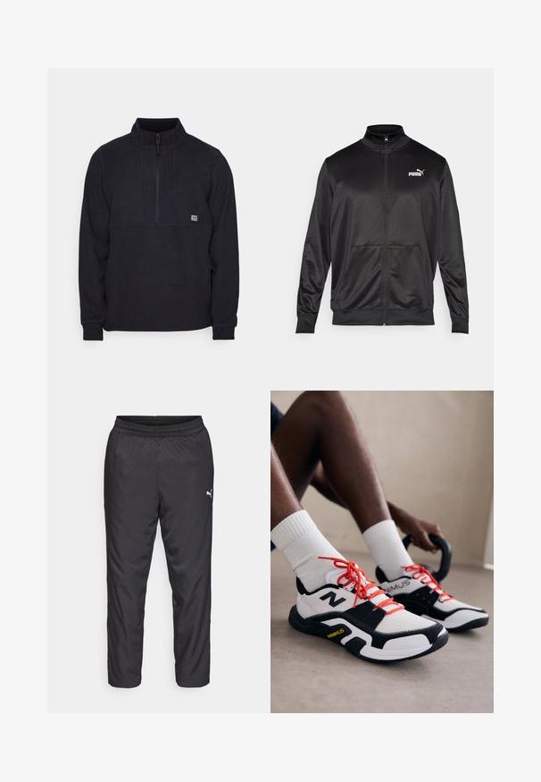 Melnā ar rāvējslēdzēju aizdaram veste, izgatavota no gludas, spīdīgas auduma. Tam ir augsta apkakle, divas priekšējās kabatas un balts Puma logotips kreisajā krūtī.; Melna flīsa puloveris ar pusizjaku apkakli, ar krūšu šuvju detaļu un mazu logotipu kreisajā pusē. Mīksta tekstūra, garas piedurknes.; Melnas sporta bikses, kas izgatavotas no gluda, viegla materiāla. Iespējas ietver elastīgu jostu un mazu baltu logotipu kreisajā pusē.; Baldas un melnas sporta kurpes ar sarkanām auklām, ar acs audumu augšdaļu un gumijas zoli. Iezīmē logotipu sānos un tekstūru dizainu.