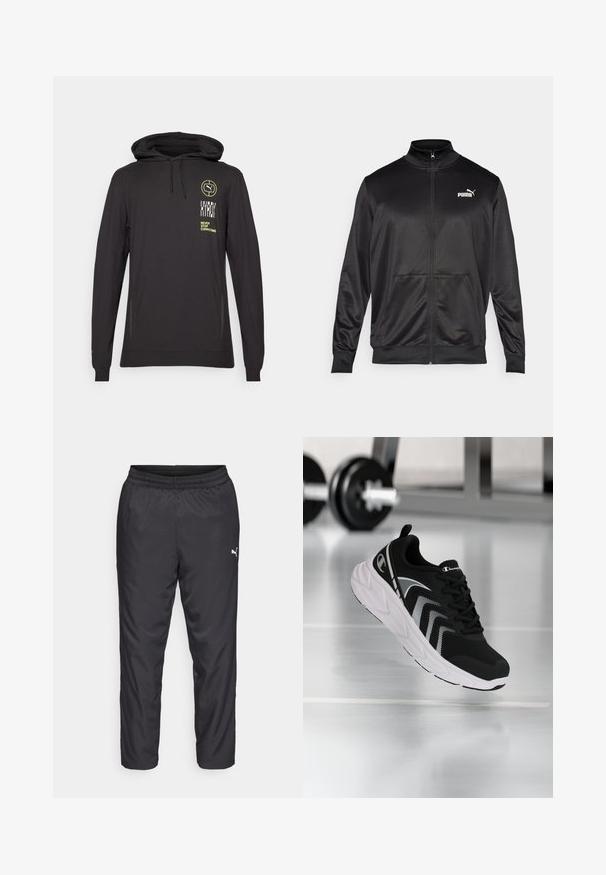 Juodas zip-up švarkas, pagamintas iš lygaus, blizgaus audinio. Turintis aukštą apykaklę, dvi priekinės kišenes ir baltą Puma logotipą kairiajame krūtinės kampe.; Juodas ilgomis rankovėmis su kapuce džemperis iš minkštos medžiagos, su žaliu logotipu ir tekstu ant priekio, su reguliuojama raišteliu ir šoninėmis praplatinimais.; Juodos sportinės kelnės, pagamintos iš lygaus, lengvo medžiagos. Savybės: elastinė juosmens juosta ir maža balta logotipas kairėje pusėje.; Juodas sportinis batelis su tinklelio viršumi, baltomis detalėmis ir tekstūruotu padu. Yra paminkštinta apykaklė ir liežuvėlis, su logotipu šone.