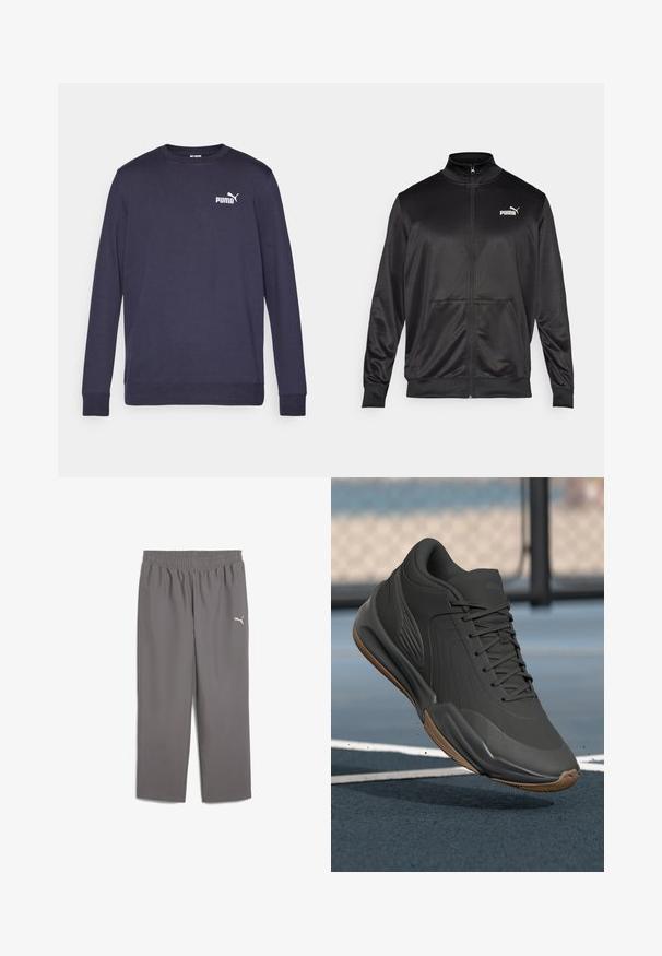 Svart zip-up jacka i slät, glänsande tyg. Har hög krage, två framfickor och en vit Puma-logotyp på vänster bröst.; Marinblå långärmad sweatshirt i bomull. Har rundadhals, ribbade ärmslut och en vit PUMA-logotyp på bröstet. Slät textur.; Grå träningsbyxor med elastisk midja, gjorda av lättviktigt material. Har en liten vit logotyp på vänster ben.; Svart sportskor med en slät syntetisk ovandel, strukturerade detaljer och en sula i gummigummi, designad för prestanda och komfort.