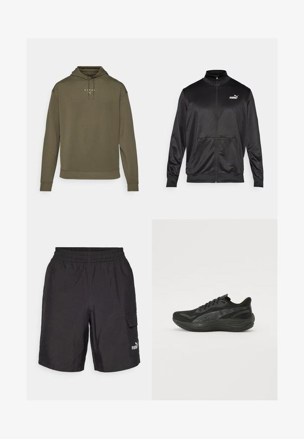 Černá bunda na zip vyrobená z hladké, lesklé látky. Má vysoký límec, dvě přední kapsy a bílé logo Puma na levé straně hrudi.; Olivově zelená mikina s kapucí na šňůrku, dlouhými rukávy a volným střihem. Má bílé logo na hrudi a žebrované manžety.; Černé cargo šortky s elastickým pasem, bočními kapsami a bílým logem Puma na levé nohavici. Vyrobené z lehké látky.; Černá sportovní obuv s texturovaným síťovaným svrškem, plochými tkaničkami a polstrovanou podešví s decentními reflexními prvky.