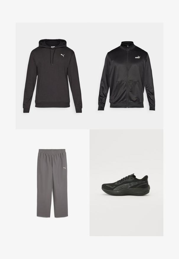 Must läikivast ja siledast kangast must kapuutsiga jakk. Omab kõrget kaelust, kahte esi-taskut ja valget Puma logo vasakul rinnal.; Must mustarikoaga kapuutsiga dressipluus, millel on ees taskud, reguleeritav kapuuts, soonikkoes mansetid ja väike valge Puma logo vasakul rinnal.; Hallid hallid sportpüksid elastse vöökohtaga, valmistatud kergest kangast. Vasakul jalal on väike valge logo.; Musternähtud pealistusega mustad sportlikud jalatsid, sirged paelad ja pehmendatud tald, millel on peened peegeldavad aktsendid.