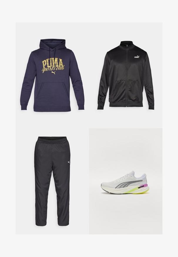 Zwarte jas met rits, gemaakt van een gladde, glanzende stof. Heeft een hoge kraag, twee voorzakken en een wit Puma-logo op de linkerborst.; Marine blauwe hoodie gemaakt van een katoenmix, met een voorzak in kangaroo-stijl en een gele versleten print met de tekst "PUMA sports club".; Zwarte sportbroeken gemaakt van glad, lichtgewicht materiaal. Heeft een elastische tailleband en een klein wit logo aan de linkerkant.; Witte sport schoen met ademende mesh bovenkant, zwarte accenten en een meerkleurige zool met paarse en groene details.