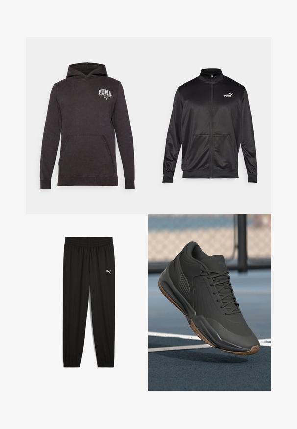 Schwarze Zip-Jacke aus glattem, glänzendem Stoff. Merkmale sind ein hoher Kragen, zwei Fronttaschen und ein weißes Puma-Logo auf der linken Brust.; Schwarzer Baumwollhoodie mit einer vorderen Kängurutasche, gerippten Bündchen und einem Logo mit "PUMA Sports Club" in Weiß auf der Brust.; Schwarze Sporthose aus leichtem Material, mit einem elastischen Bund, schmal zulaufenden Beinen und einem weißen Puma-Logo auf dem linken Oberschenkel.; Schwarzer Sportschuh mit glattem Synthetik-Obermaterial, strukturierten Akzenten und einer Gummisohle, die für Leistung und Komfort entwickelt wurde.