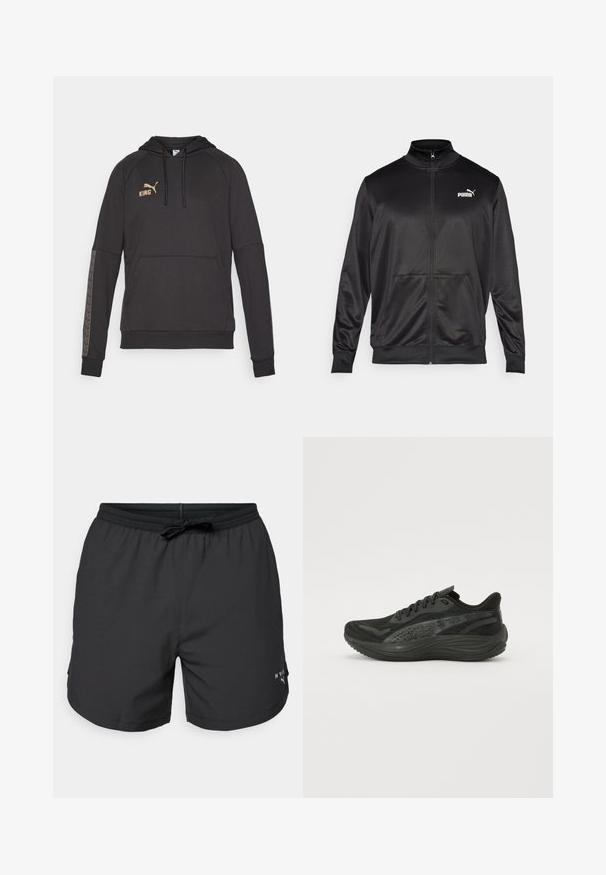 Čierna zipsová bunda vyrobená z hladkej, lesklej textílie. Má vysoký golier, dve predné vrecká a biele logo Puma na ľavej hrudi.; Čierna mikina s kapucňou a klokannou kapsou, s pozláteným logom "KING" a s dekoratívnym vzorom pozdĺž rukávov. Mäkká látka.; Čierne plavkové šortky s elastickým pásom a šnúrkou. Ľahký materiál so bočnými vreckami. Na spodnom leme sa nachádza malé logo.; Čierna športová topánka s textúrovaným horným dielom z mäkkej sieťoviny, plochými šnúrkami a odpruženou podrážkou s jemnými reflexnými akcentmi.