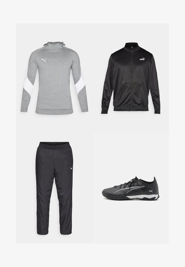 Čierna zipsová bunda vyrobená z hladkej, lesklej textílie. Má vysoký golier, dve predné vrecká a biele logo Puma na ľavej hrudi.; Sivý pulóver s dlhými rukávmi, ktorý má biele akcenty na pleciach, vysoký golier a malé logo na hrudi. Štruktúrovaná tkanina.; Čierne športové nohavice vyrobené z hladkého, ľahkého materiálu. Obsahujú elastický pás a malé biele logo na ľavej strane.; Čierna atletická obuv s textúrovaným zvrškom, bielymi akcentmi, šnurovaním a kontrastnou bielou medzipodrážkou. Obsahuje vzorovanú gumovú podrážku.