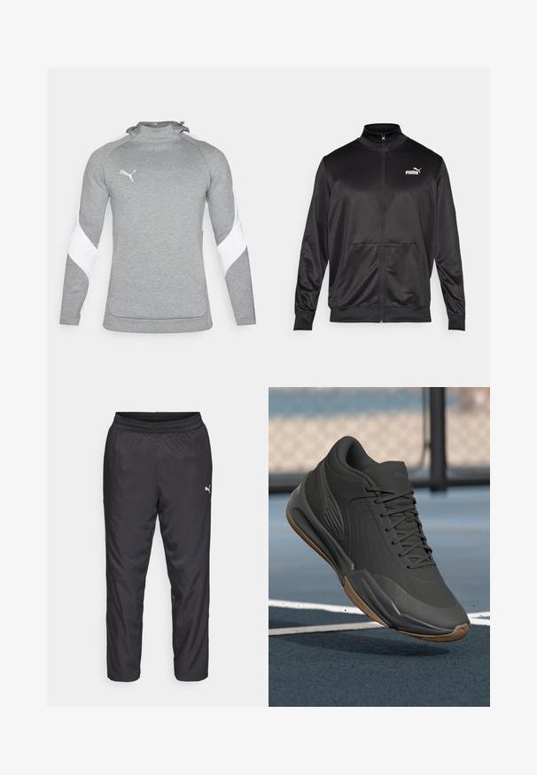 Giacca nera con zip realizzata in tessuto liscio e lucido. Presenta un colletto alto, due tasche frontali e un logo Puma bianco sul lato sinistro del petto.; Maglione grigio a maniche lunghe, con dettagli bianchi sulle spalle, colletto alto e un piccolo logo sul petto. Tessuto strutturato.; Pantaloni sportivi neri realizzati in materiale liscio e leggero. Presentano un elastico in vita e un piccolo logo bianco sul lato sinistro.; Scarpa da ginnastica nera con tomaia in sintetico liscio, dettagli testurizzati e suola in gomma naturale, progettata per prestazioni e comfort.