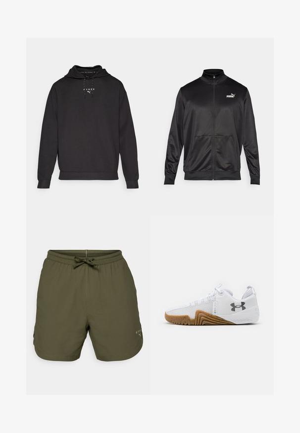 Svart zip-up jakke laget av glatt, skinnende stoff. Har høy krage, to frontlommer og en hvit Puma-logo på venstre bryst.; Svart hettegenser laget av mykt stoff, med framside kengurulomme og hvit logo tekst på brystet. Ermene har ribbdesign.; Olivenfargede treningsshorts laget av lett materiale, med elastisk midje og snor, samt en liten logo på siden.; Hvite joggesko med mesh-overdel, gummisåle i kamskjellfarge, teksturerte detaljer og en svart logo på siden.