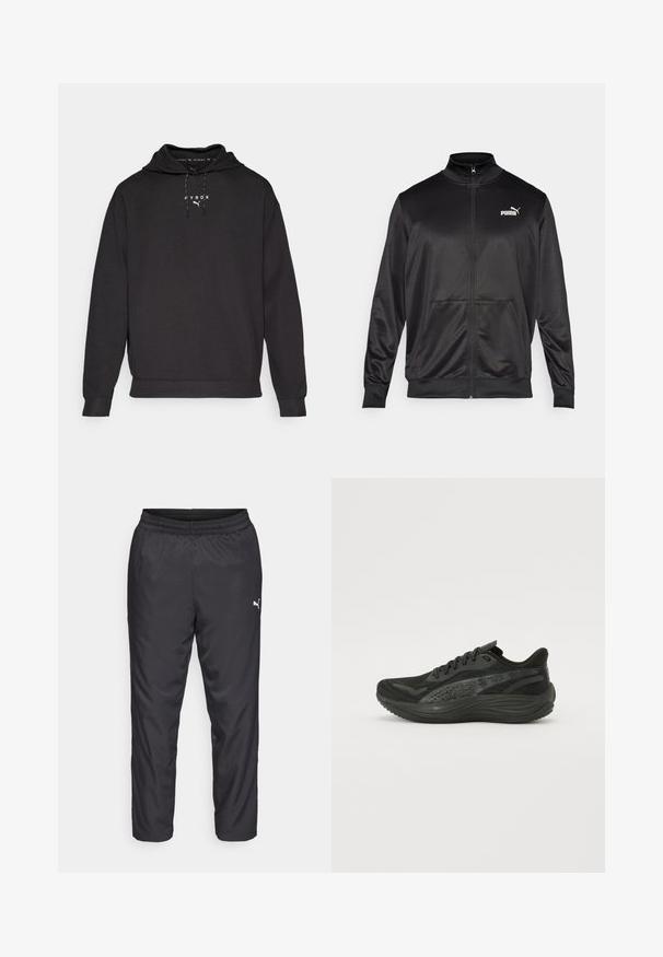 Schwarze Zip-Jacke aus glattem, glänzendem Stoff. Merkmale sind ein hoher Kragen, zwei Fronttaschen und ein weißes Puma-Logo auf der linken Brust.; Schwarzer Kapuzenpullover aus weichem Stoff, mit einer vorderen Kängurutasche und weißem Logo-Text auf der Brust. Die Bündchen sind gerippt.; Schwarze Sporthosen aus glattem, leichtem Material. Sie verfügen über einen elastischen Bund und ein kleines weißes Logo auf der linken Seite.; Schwarzer Sportschuh mit Obermaterial aus strukturiertem Mesh, flachen Schnürsenkeln und einer gepolsterten Sohle mit dezenten reflektierenden Akzenten.