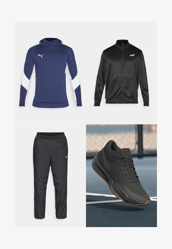 Chaqueta negra con cremallera hecha de un tejido liso y brillante. Presenta un cuello alto, dos bolsillos frontales y un logo blanco de Puma en el lado izquierdo del pecho.; Sudadera deportiva azul marino con paneles laterales blancos, que cuenta con un cuello alto y cordón. Logo en blanco en el área izquierda del pecho.; Pantalones deportivos negros hechos de un material liso y ligero. Presenta una cintura elástica y un pequeño logo blanco en el lado izquierdo.; Zapatilla deportiva negra con parte superior de material sintético liso, acentos texturizados y suela de goma, diseñada para un rendimiento y comodidad óptimos.