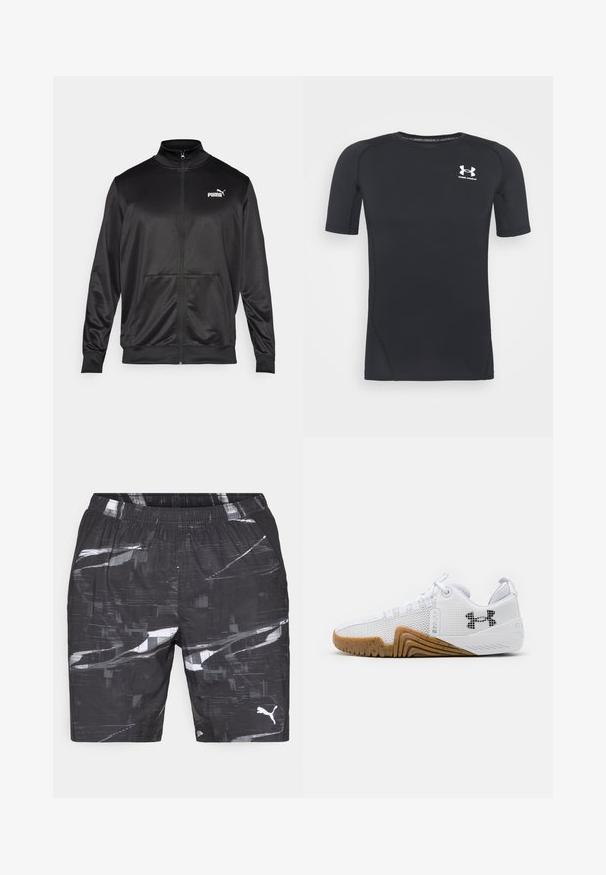 Zwarte jas met rits, gemaakt van een gladde, glanzende stof. Heeft een hoge kraag, twee voorzakken en een wit Puma-logo op de linkerborst.; Zwart sportshirt met korte mouwen, gemaakt van vochtafvoerend, rekbaar materiaal. Heeft een ronde halslijn en een klein wit logo op de borst.; Zwarte shorts met een geometrisch abstract patroon in wit en grijs. Elastische tailleband met twee zijzakken en een klein logo op het linkerbeen.; Witte sportschoenen met een bovenwerk van mesh, rubberen buitenzool in een gomkleur, textuuraccenten en een zwart logo op de zijkant.