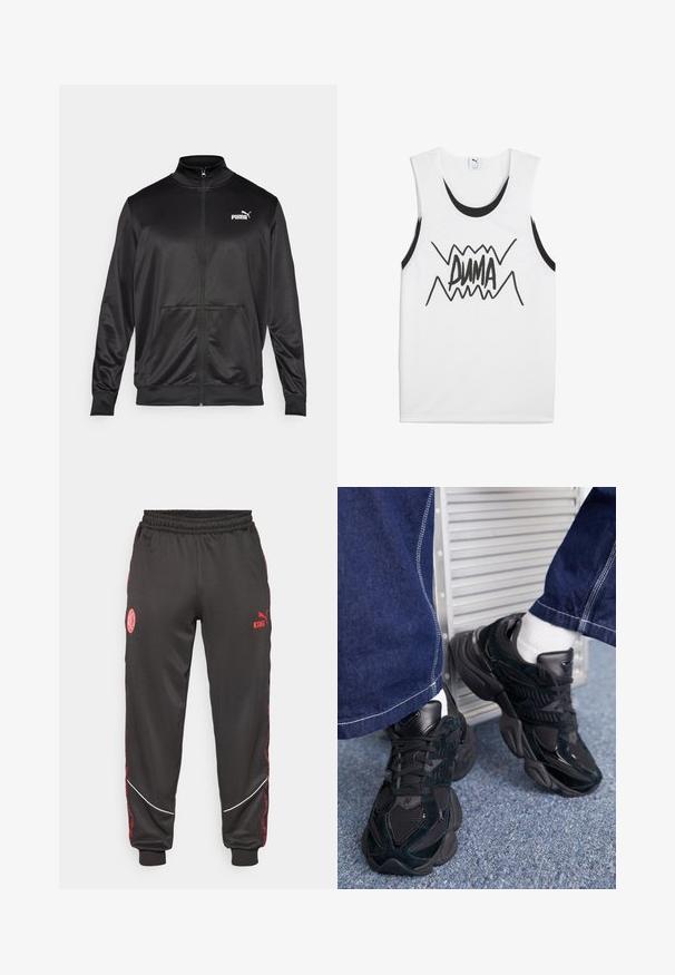 Must läikivast ja siledast kangast must kapuutsiga jakk. Omab kõrget kaelust, kahte esi-taskut ja valget Puma logo vasakul rinnal.; Valge ilma varrukateta T-särk mustade aktsentidega, mille keskosas on julge must "PUMA" graafika ja siksakiline muster.; Mustad mustreeritud mustad spordipüksid elastse vöökoha, punaste aktsentidega, broderitud logodega ja valgete ääristustega külgedel, valmistatud siledast materjalist.; Mustad mustad tossud, mis sisaldavad nii tekstuuri kui siledat materjali, silmapaistva nöörimise ja jämeda tallaga, koos tumedate teksapükstega.