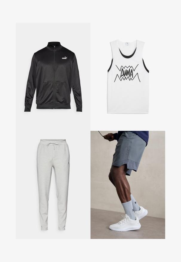Chaqueta negra con cremallera hecha de un tejido liso y brillante. Presenta un cuello alto, dos bolsillos frontales y un logo blanco de Puma en el lado izquierdo del pecho.; Camiseta sin mangas blanca con detalles en negro, que presenta un atrevido gráfico negro de "PUMA" en el centro con un diseño en zigzag.; Joggers gris claro hechos de una tela suave, con una cinturilla elástica y cordón, bolsillos laterales y patas entalladas.; Zapatillas deportivas blancas con parte superior de malla texturizada, combinadas con calcetas de canalé azul claro que cuentan con un logo. Pantalones cortos deportivos grises con borde perforado.