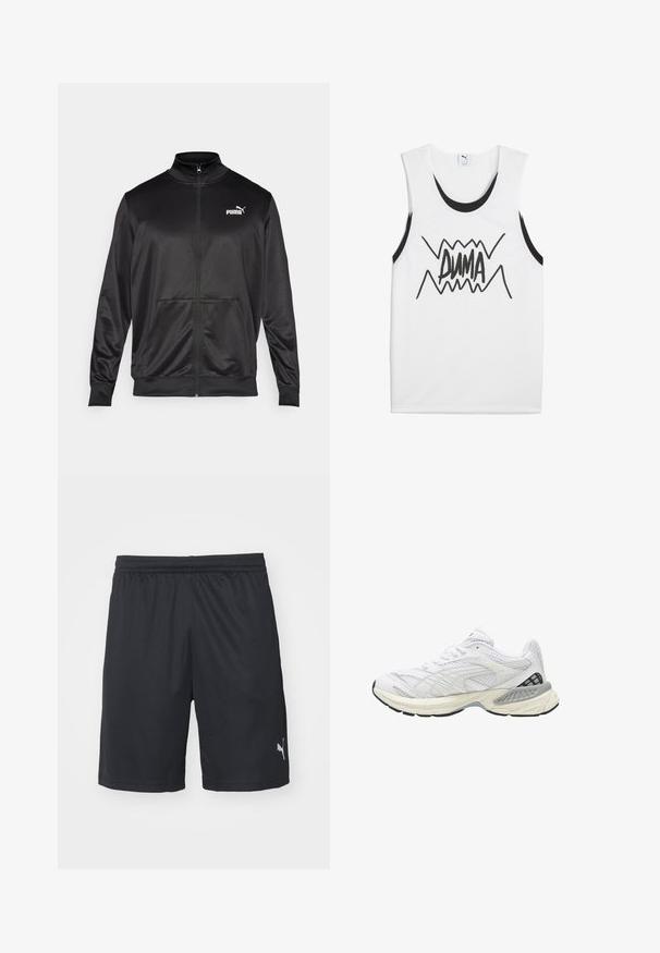 Schwarze Zip-Jacke aus glattem, glänzendem Stoff. Merkmale sind ein hoher Kragen, zwei Fronttaschen und ein weißes Puma-Logo auf der linken Brust.; Weißes ärmelloses Tanktop mit schwarzen Akzenten, das ein auffälliges schwarzes "PUMA"-Grafikdesign in der Mitte mit einem Zickzackmuster zeigt.; Puma INDIVIDUALLIGA TRAINING SHORTS OPEN POCKETS - Kurze Sporthose - black/fizzy apple; Weißer Sportschuh mit Obermaterial aus Mesh, strukturierten Details, gepolsterter Sohle und schwarzen Akzenten an der Ferse. Rundes Zehendesign.