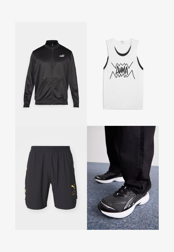 Juodas zip-up švarkas, pagamintas iš lygaus, blizgaus audinio. Turintis aukštą apykaklę, dvi priekinės kišenes ir baltą Puma logotipą kairiajame krūtinės kampe.; Balti be rankovių marškinėliai su juodais akcentais, turintys ryškų juodą "PUMA" grafiką per centrą su zigzago dizainu.; Juodos sportinės šortai, pagaminti iš lengvos medžiagos, su geltonais logotipais, spausdintais priekyje ir šone, su elastingu juosmeniu patogumui.; Juodos sportinės bateliai su tinklelio audiniu, baltais padais ir juodais akcentais. Padu paviršius yra tekstūruotas. Nešiojami su juodomis kelnėmis ant mėlyno kiliminio paviršiaus.