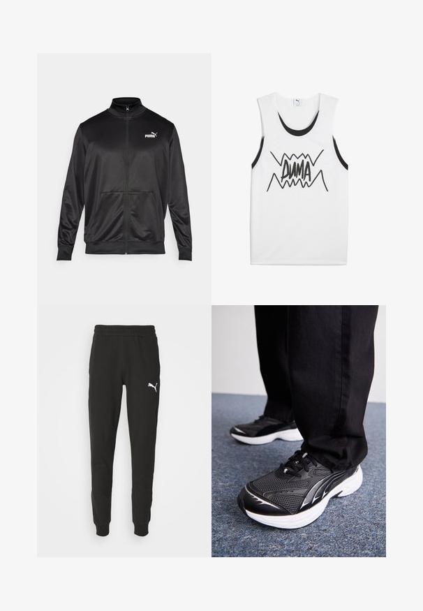 Melnā ar rāvējslēdzēju aizdaram veste, izgatavota no gludas, spīdīgas auduma. Tam ir augsta apkakle, divas priekšējās kabatas un balts Puma logotips kreisajā krūtī.; Balts bez piedurknēm T-krekls ar melniem akcentiem, centrā ar izteiksmīgu melnu "PUMA" grafiku, kas satur zigzaga dizainu.; Melnas sporta bikses ar elastīgu vidukli, sašaurinātiem kājām un baltu Puma logo kreisajā augšstilbā. Izgatavotas no mīksta auduma ar gludu tekstūru.; Melnas sporta kurpes ar sieta audumu, baltu zoli un melnām akcentiem. Zole ir teksturēta. Valkātas ar melnām biksēm uz zilas paklāja virsmas.