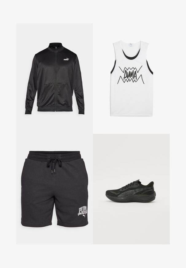 Chaqueta negra con cremallera hecha de un tejido liso y brillante. Presenta un cuello alto, dos bolsillos frontales y un logo blanco de Puma en el lado izquierdo del pecho.; Camiseta sin mangas blanca con detalles en negro, que presenta un atrevido gráfico negro de "PUMA" en el centro con un diseño en zigzag.; Pantalones cortos de algodón negro con cintura ajustable, bolsillos laterales y logo impreso del "club deportivo PUMA". Textura suave y diseño casual.; Zapatilla deportiva negra con parte superior de malla texturizada, cordones planos y una suela acolchada con sutiles acentos reflectantes.