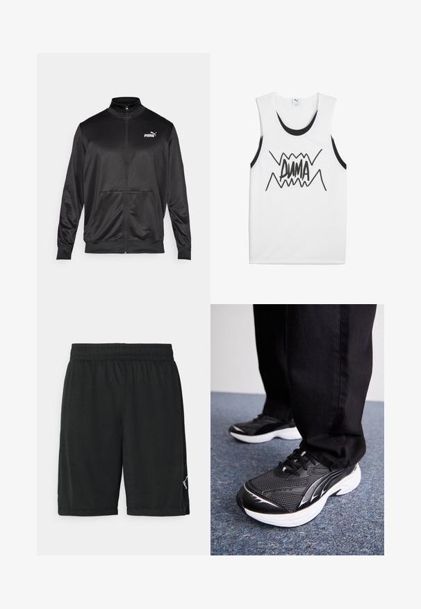 Must läikivast ja siledast kangast must kapuutsiga jakk. Omab kõrget kaelust, kahte esi-taskut ja valget Puma logo vasakul rinnal.; Valge ilma varrukateta T-särk mustade aktsentidega, mille keskosas on julge must "PUMA" graafika ja siksakiline muster.; Mustad mustar-spordishortsid on valmistatud kergest materjalist, millel on elastne vöökoht ja valge logo alumises paremas servas.; Mustad mustavid jalatsid, millel on võrgusilmast pealistus, valge tald ja mustad aktsendid. Tallal on tekstuur. Kandmine mustade pükste ja sinise vaipkattega pinnal.