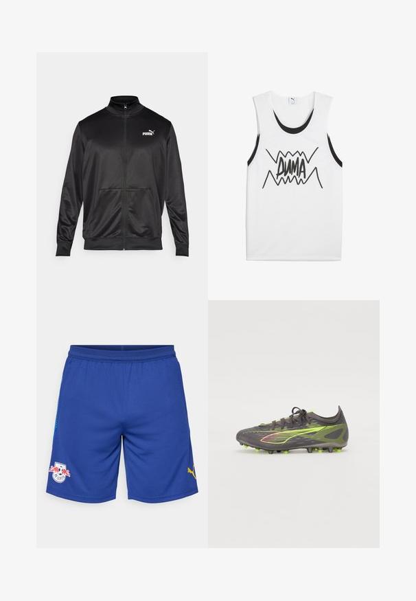 Črna jakna na zadrgo iz gladkega, sijočega materiala. Ima visok ovratnik, dva sprednja žepa in belo Puma logotip na levem prsnem delu.; Bela brezrokavna majica s črnimi poudarki, ki vsebuje izrazit črn grafični napis "PUMA" na sredini z zigzag obliko.; Modri športni kratki hlače iz dihajočega materiala, z mrežastim pasom, rumenim logotipom Puma na strani in logotipom ekipe spredaj.; Nogometni čevlji z zgornjim delom iz sive mrežaste tkanine, neon zelenimi detajli in aerodinamičnim dizajnom. Opremljeni so z izrazito teksturo in podplatom s konicami za boljši oprijem.