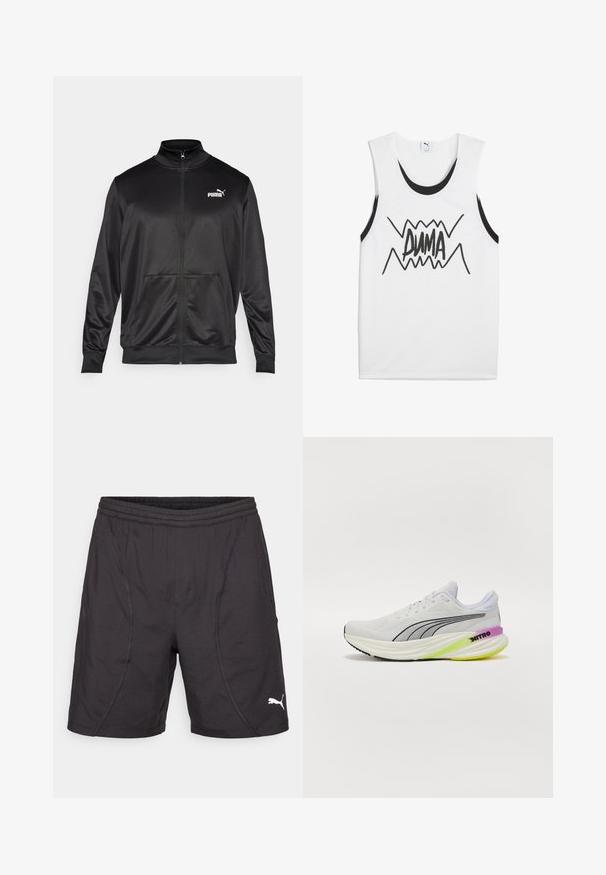 Chaqueta negra con cremallera hecha de un tejido liso y brillante. Presenta un cuello alto, dos bolsillos frontales y un logo blanco de Puma en el lado izquierdo del pecho.; Camiseta sin mangas blanca con detalles en negro, que presenta un atrevido gráfico negro de "PUMA" en el centro con un diseño en zigzag.; Pantalones cortos deportivos negros hechos de material sintético, con cinturilla elástica, costuras laterales y un logo blanco de Puma en la parte inferior derecha.; Zapatilla deportiva blanca con parte superior de malla transpirable, detalles en negro y una suela multicolor con detalles en morado y verde.