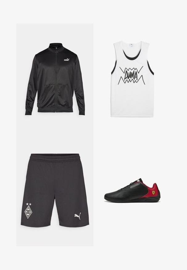 Chaqueta negra con cremallera hecha de un tejido liso y brillante. Presenta un cuello alto, dos bolsillos frontales y un logo blanco de Puma en el lado izquierdo del pecho.; Camiseta sin mangas blanca con detalles en negro, que presenta un atrevido gráfico negro de "PUMA" en el centro con un diseño en zigzag.; Pantalones cortos deportivos negros con cintura elástica. Presenta un logo del club blanco con dos estrellas y un pequeño logo de Puma blanco en el dobladillo.; Zapatillas negras con detalles rojos, diseño elegante, textura perforada en la parte superior, con un acento metálico y un logotipo en el talón.
