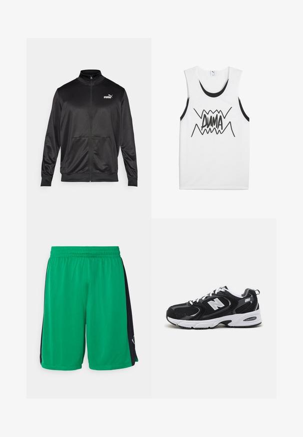 Casaco preto com fecho éclair, feito de um tecido liso e brilhante. Apresenta um colarinho alto, dois bolsos frontais e um logótipo branco da Puma no lado esquerdo do peito.; Camiseta sem mangas branca com detalhes pretos, apresentando um ousado gráfico preto "PUMA" no centro com um design em zigue-zague.; Calções de desporto verdes com um painel lateral preto, cintura elástica e textura respirável. Apresenta um logo subtil no canto inferior direito.; Sapatilhas atléticas pretas e cinzas com parte superior em malha e camurça, apresentando uma entressola branca, atacadores e um audacioso logótipo "N" na lateral.