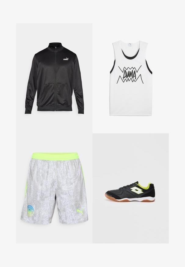 Must läikivast ja siledast kangast must kapuutsiga jakk. Omab kõrget kaelust, kahte esi-taskut ja valget Puma logo vasakul rinnal.; Valge ilma varrukateta T-särk mustade aktsentidega, mille keskosas on julge must "PUMA" graafika ja siksakiline muster.; Heledad hallhallid spordishortsid, millel on neoonroheline vöökoht ja külgtriibud, esiosas Manchester City embleem ja Puma logo.; Mustad mustus spordijalatse koos valge logo, neoonkollane sisekate ja pruuni värvi tald, näidatud sisepoolsest küljest valge tausta ees.