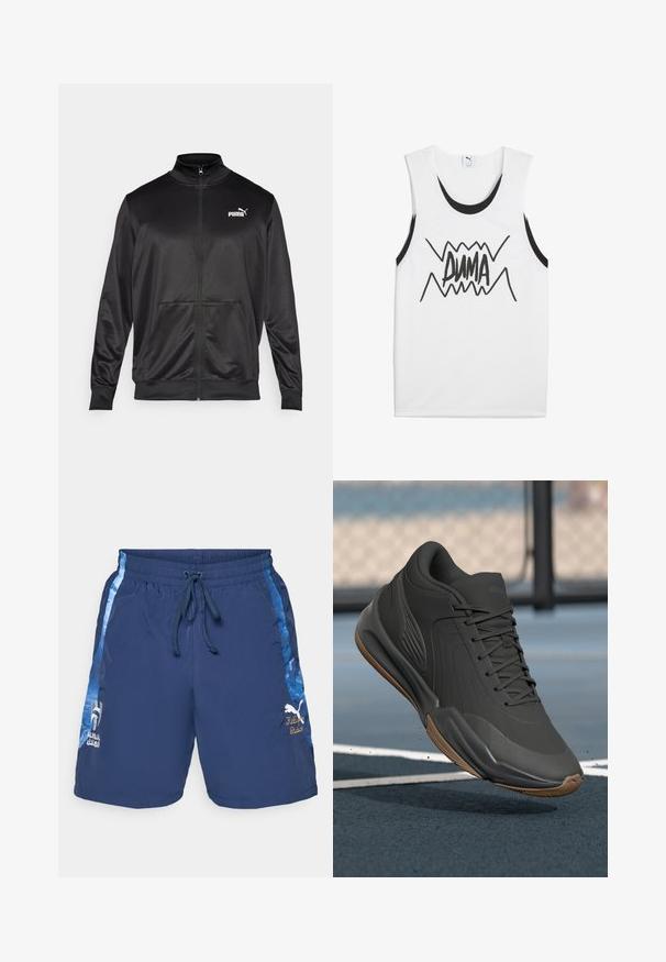 Casaco preto com fecho éclair, feito de um tecido liso e brilhante. Apresenta um colarinho alto, dois bolsos frontais e um logótipo branco da Puma no lado esquerdo do peito.; Camiseta sem mangas branca com detalhes pretos, apresentando um ousado gráfico preto "PUMA" no centro com um design em zigue-zague.; Calções de banho azul-marinho com cintura elástica, fecho por cordão e painéis laterais em tons de azul. Apresenta bordado do logotipo.; Sapatilha atlética preta com um superior sintético liso, detalhes texturizados e sola de borracha natural, projetada para desempenho e conforto.