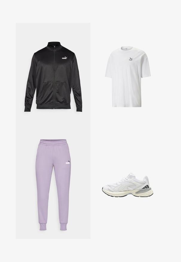 Giacca nera con zip realizzata in tessuto liscio e lucido. Presenta un colletto alto, due tasche frontali e un logo Puma bianco sul lato sinistro del petto.; T-shirt bianco in cotone con scollatura rotonda e maniche corte. Presenta un piccolo logo nero Puma sulla parte sinistra del petto. Texture liscia, vestibilità casual.; Puma LOGO - Pantaloni sportivi - pale plum; Scarpa sportiva bianca con tomaia in tessuto a rete, dettagli testurizzati, suola ammortizzata e accenti neri sul tallone. Design della punta arrotondata.