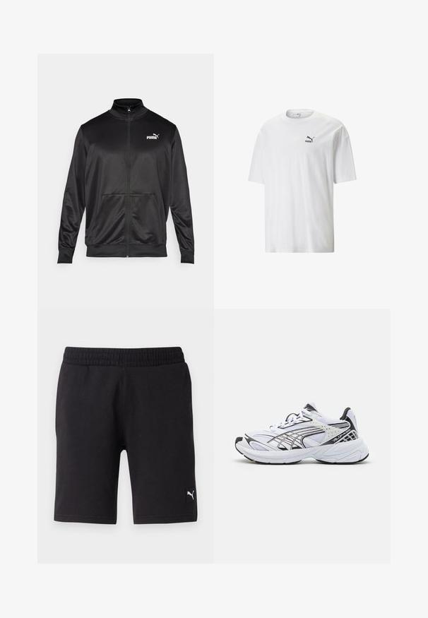 Juodas zip-up švarkas, pagamintas iš lygaus, blizgaus audinio. Turintis aukštą apykaklę, dvi priekinės kišenes ir baltą Puma logotipą kairiajame krūtinės kampe.; Balta medvilnės marškinėliai trumpomis rankovėmis ir apvalia iškirpte. Kairėje krūtinės pusėje yra mažas juodas Puma logotipas. Lygus paviršius, laisvas kirpimas.; Juodos sportinės šortai su elastinga juosmena, pagaminti iš minkštos medžiagos, su mažu baltu Puma logotipu dešiniajame apatinėje pusėje.; Baltas sportinis batelis su juodais akcentais. Tinklelis ir sintetinė viršutinė dalis, storas padas ir išlenktas dizainas. Yra raišteliai priekyje ir logotipo detalės.